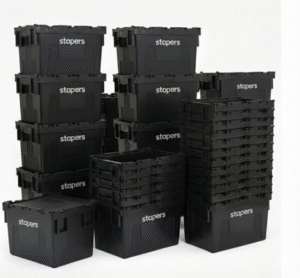 Alignement de bacs STAPERS emboîtés pour location bacs déménagement